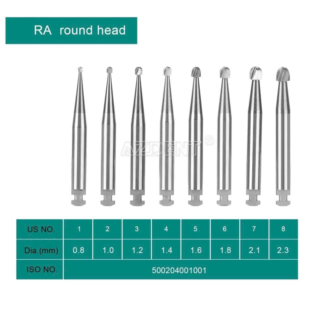 Round carbide RA1–RA8 burs – 5 pieces